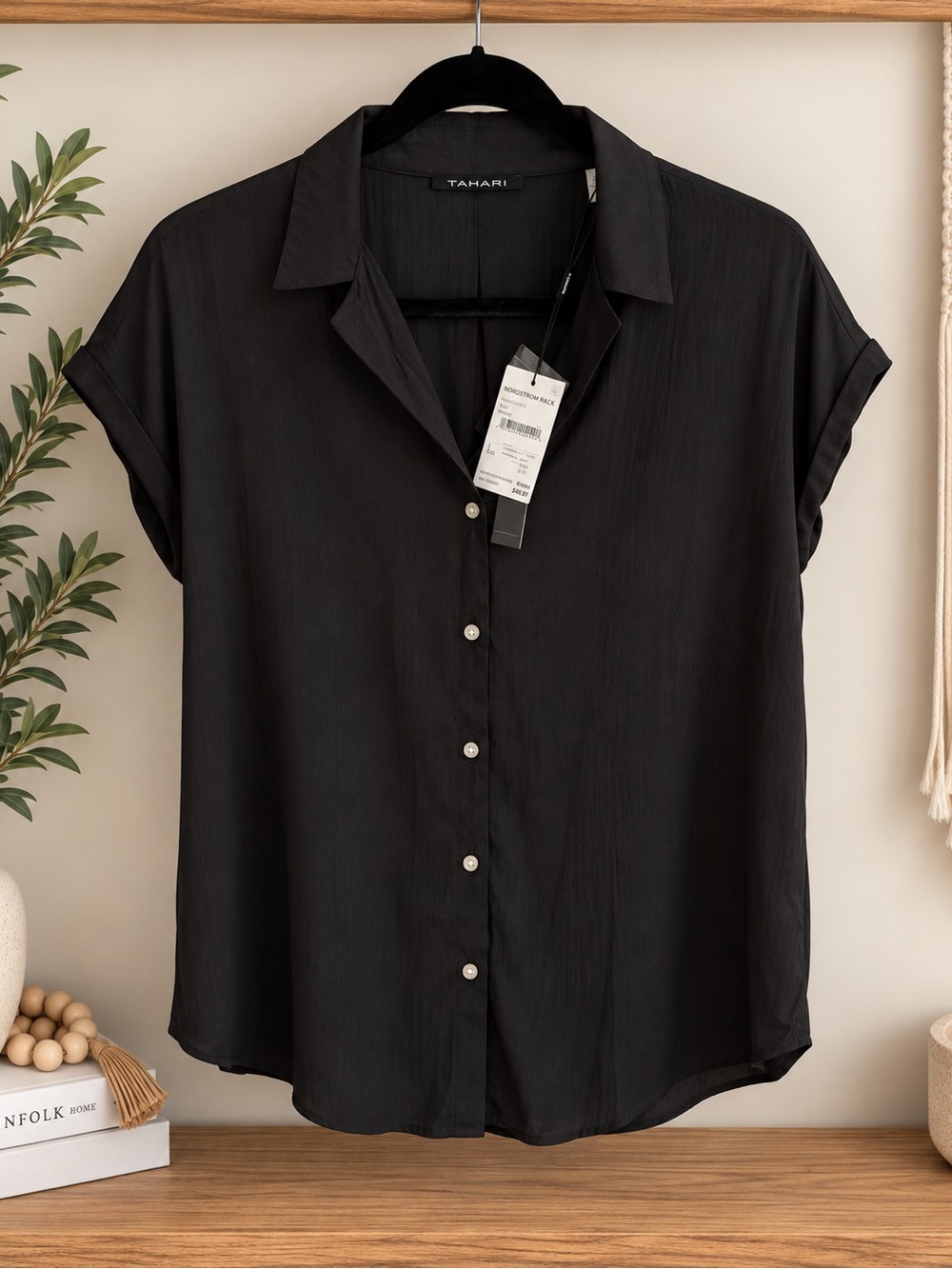 Tahari Black Short Sleeve Button-Down Blouse